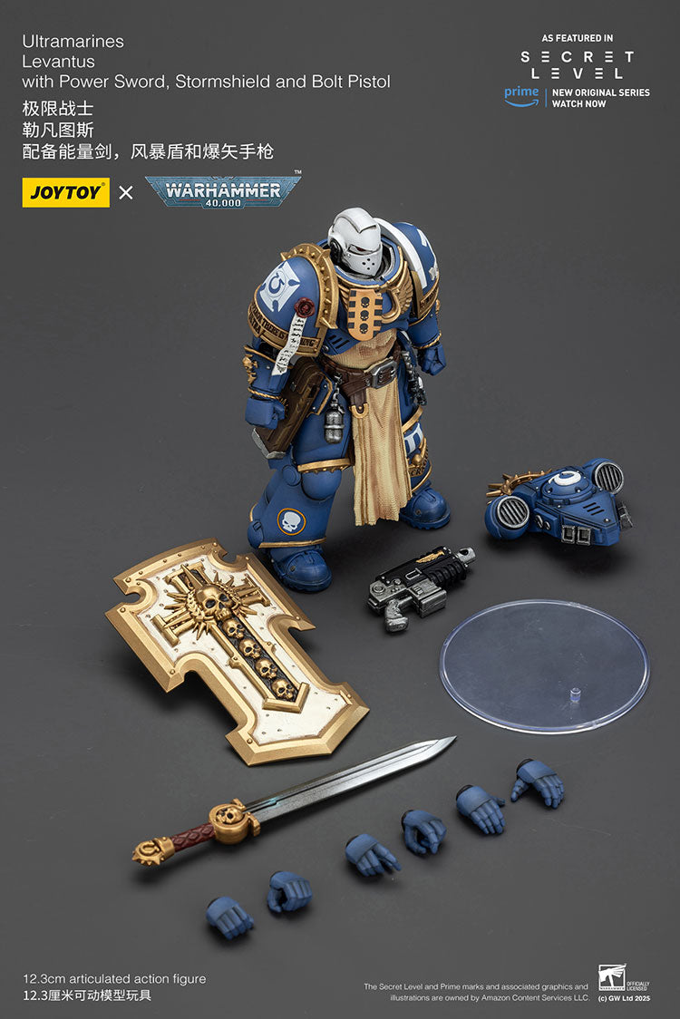 Joytoy 1/18 Warhammer 40k Ultramarines - Levantus with Power Sword, Stormshield and Bolt Pistol