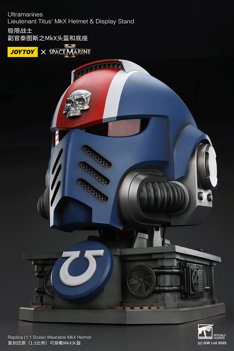 Joytoy Warhammer 40k Space Marine 2 - Ultramarines Lieutenant Titus' MKX Helmet & Display Stand