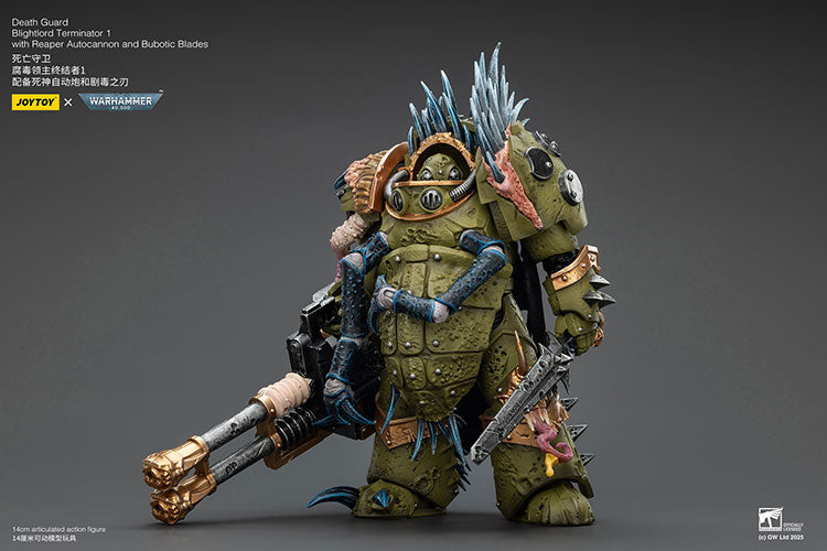 Joytoy 1/18 Warhammer 40k Death Guard Blightlord Terminator 1 with Reaper Autocannon and Bubotic Blades