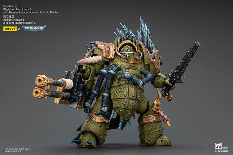 Joytoy 1/18 Warhammer 40k Death Guard Blightlord Terminator 1 with Reaper Autocannon and Bubotic Blades