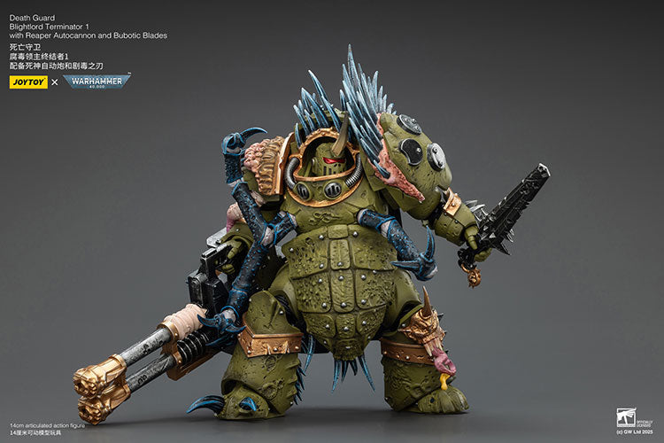 Joytoy 1/18 Warhammer 40k Death Guard Blightlord Terminator 1 with Reaper Autocannon and Bubotic Blades