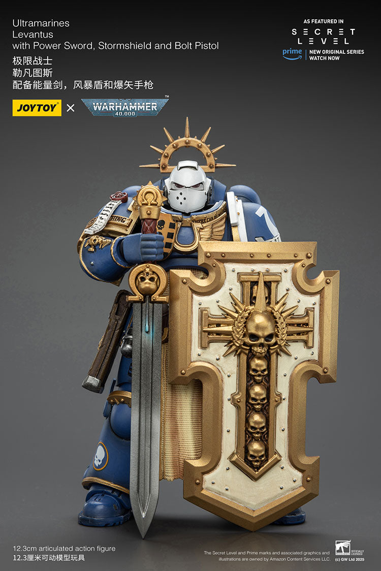 Joytoy 1/18 Warhammer 40k Ultramarines - Levantus with Power Sword, Stormshield and Bolt Pistol