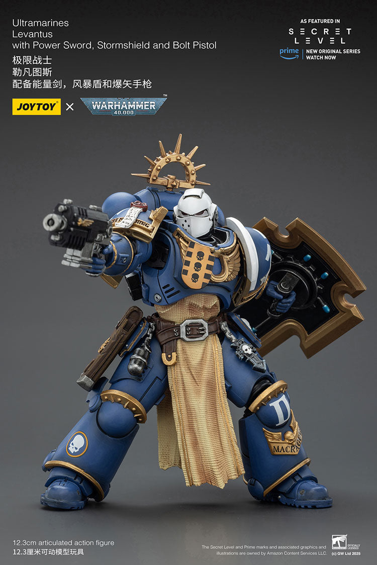 Joytoy 1/18 Warhammer 40k Ultramarines - Levantus with Power Sword, Stormshield and Bolt Pistol