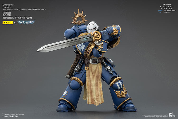 Joytoy 1/18 Warhammer 40k Ultramarines - Levantus with Power Sword, Stormshield and Bolt Pistol